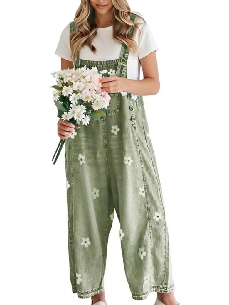 2026 New Foreign Trade Amazon Floral Print Wide-Leg Pants with Patchwork Loose Casual Retro Denim Overalls
