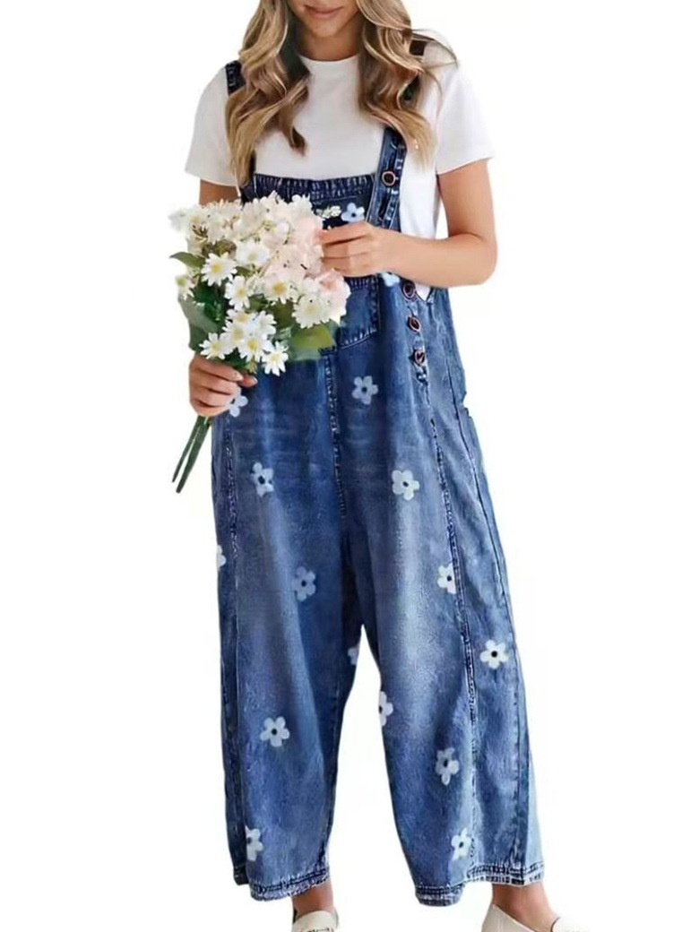 2026 New Foreign Trade Amazon Floral Print Wide-Leg Pants with Patchwork Loose Casual Retro Denim Overalls