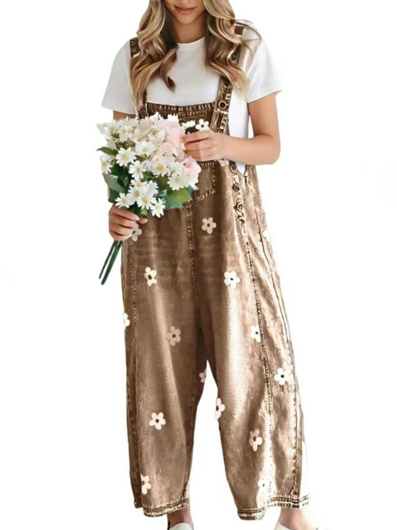 2026 New Foreign Trade Amazon Floral Print Wide-Leg Pants with Patchwork Loose Casual Retro Denim Overalls