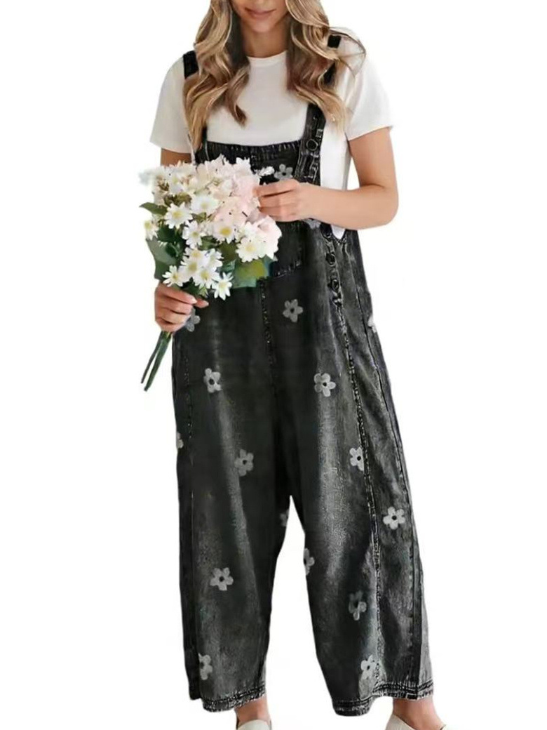 2026 New Foreign Trade Amazon Floral Print Wide-Leg Pants with Patchwork Loose Casual Retro Denim Overalls