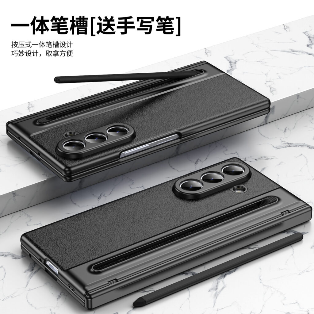 Suitable for Samsung Z Fold8 Ultra Gold Armor Pen Slot Folding Phone Case Plain Leather Shockproof 7/6 Case Film Protective Cover