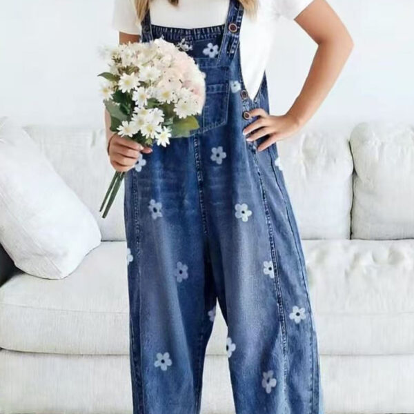 2026 New Foreign Trade Amazon Floral Print Wide-Leg Pants with Patchwork Loose Casual Retro Denim Overalls