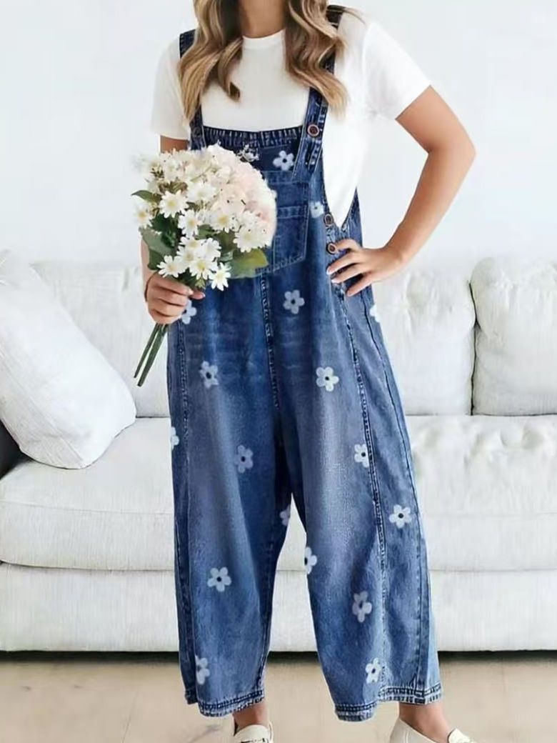 2026 New Foreign Trade Amazon Floral Print Wide-Leg Pants with Patchwork Loose Casual Retro Denim Overalls